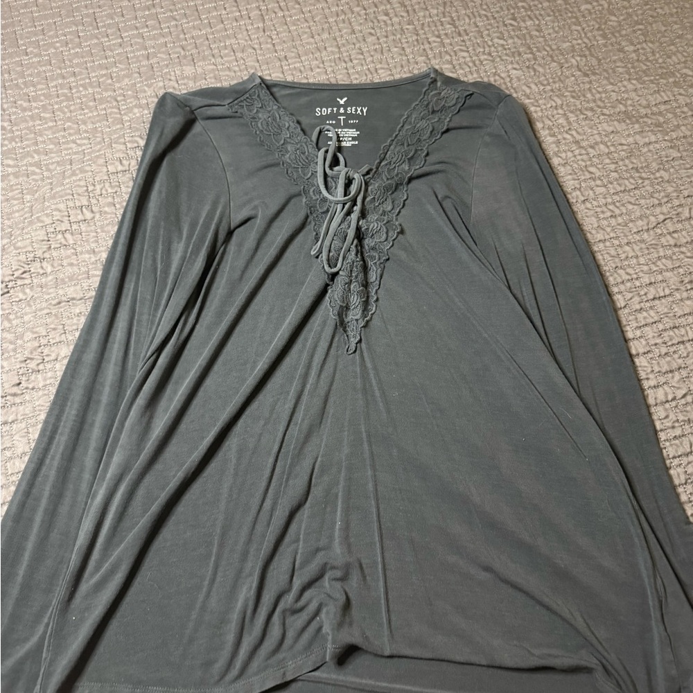 American Eagle Outfitters Dark Gray Lace-Up Blouse